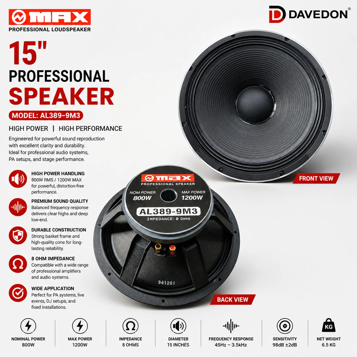 Omax 15" Replacement Speaker - High-Output Professional Woofer