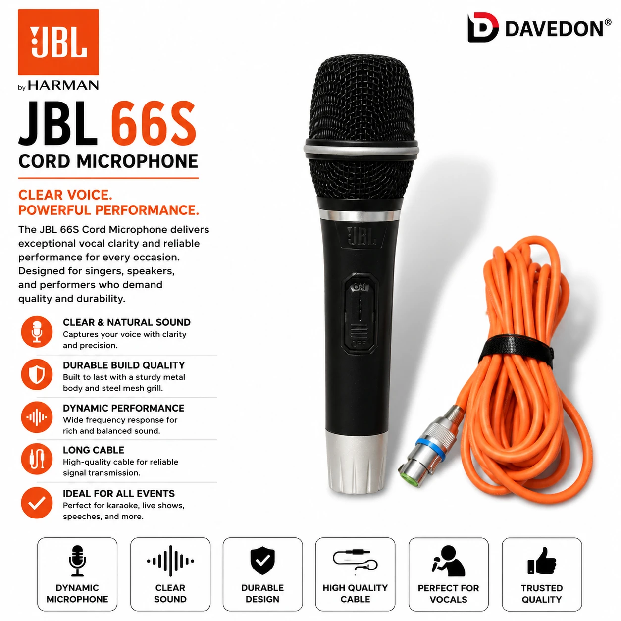 JBL 66S Cord Microphone - Professional Dynamic Vocal Mic