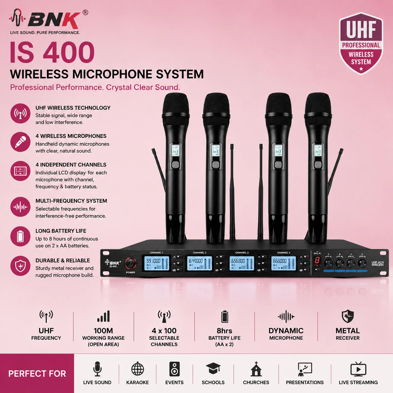 BNK IS-400 4-in-1 Wireless Microphone - 250m Range UHF System