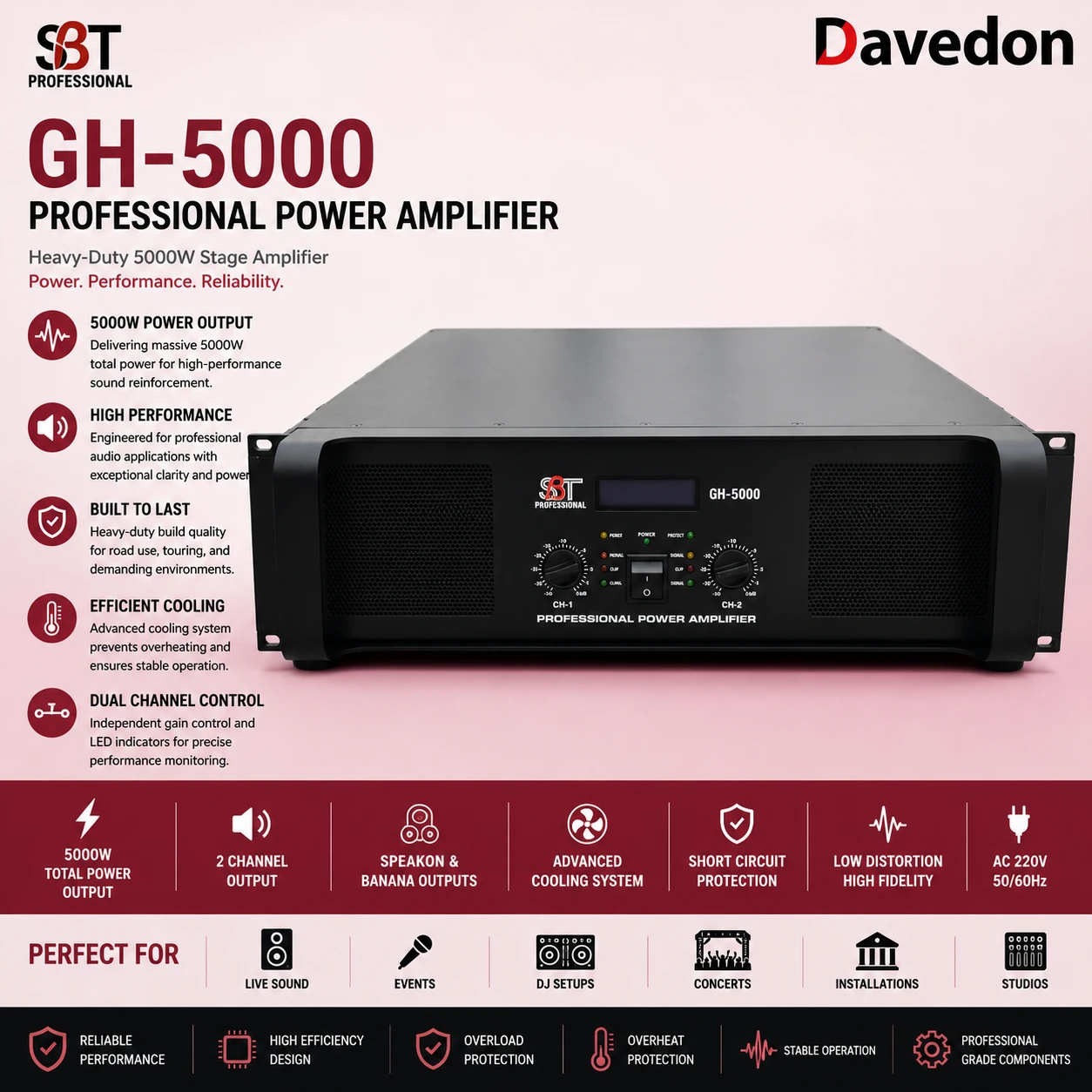 SBT GH-5000 Professional Power Amplifier - Heavy-Duty 5000W Stage Amp